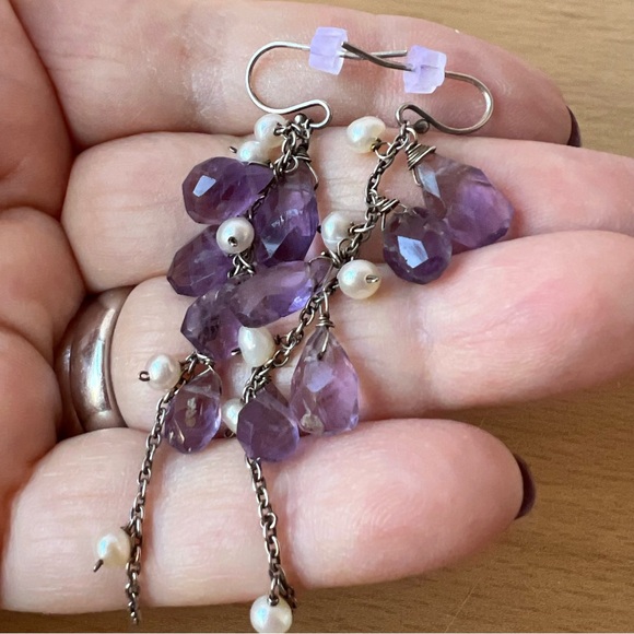 VINTAGE 925 SS FACETED MULTI AMETHYST PEARL CLUSTER BUNCH DANGLE DROP EARRINGS - Picture 14 of 16